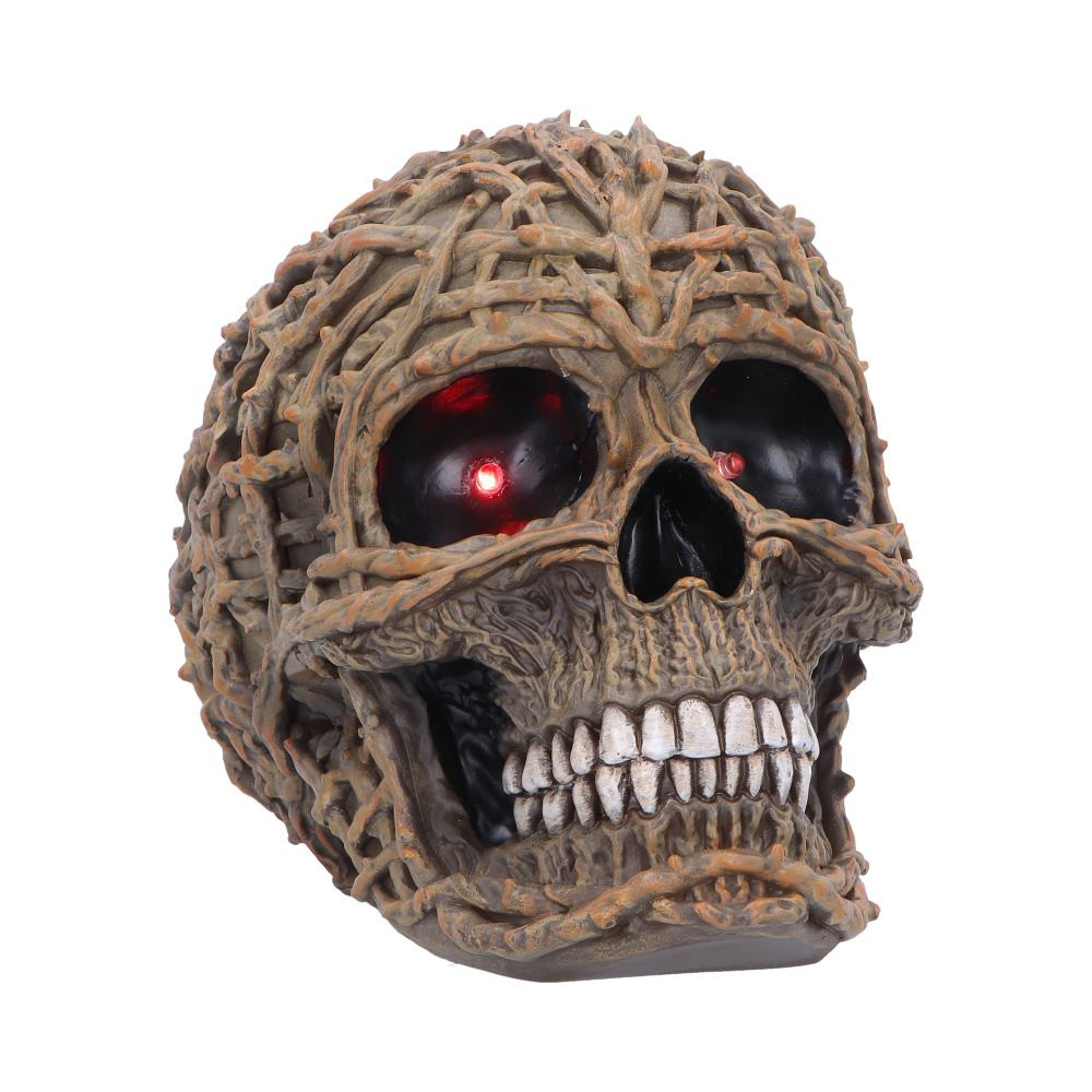 Rooted Remains is an original light-up skull figurine from Nemesis Now, featuring a unique earth-rooted design with brown vines intricately sculpted across its surface. Standing at 15.8cm tall, it includes two red LED bulbs in the eye sockets, activated by a switch underneath and powered by included cell batteries. Carefully packaged to protect its delicate details, this collectible appeals to gothic decor lovers, fantasy enthusiasts, and Halloween fans. Add Rooted Remains to your collection for a striking, mystical centrepiece that glows with dramatic flair.