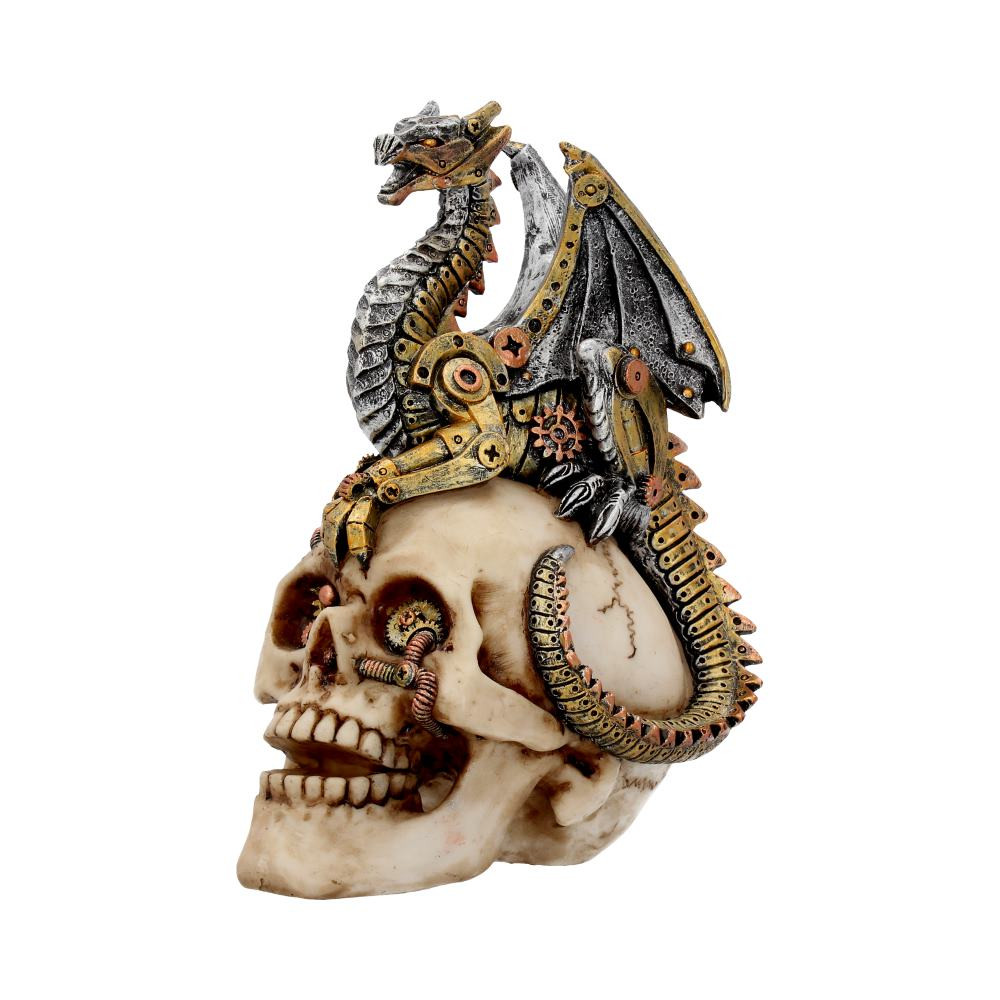 From alternative brand Nemesis Now's giftware collection, this alternative Dragon and skull is perfect for protecting any forbidden laboratory. Mouth open in a mocking macabre laugh, this skull's eyes are filled with clockwork, wires leading from the cogs down to the nose and mouth as they're held in a Dragon's grasp. Proudly sitting atop the skull, a mechanical Dragon roars triumphantly, steel head rearing up. Brass-plated tail curling possessively round the skull, their body is covered in cogs and rivets. Cast in the finest resin before being expertly hand-painted, this figurine is great for adding an aura of Gothic darkness to any room.