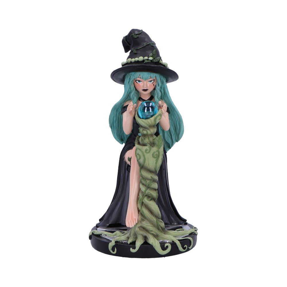 Add a touch of enchantment to your space with Sage, a stunning witch figurine inspired by the herb of sage from Nemesis Now's Sugar & Spice range. Sage dons a long black dress and leafy black witches hat, complemented by voluminous turquoise hair and witchy makeup. Nestled among leafy ground, she cradles an orb. Packaged in a vibrant Sugar & Spice branded gift box, Sage is perfect for lovers of all things witchy, wiccan, and elemental. Crafted in high-quality resin, she is a standout addition to any witchy display.