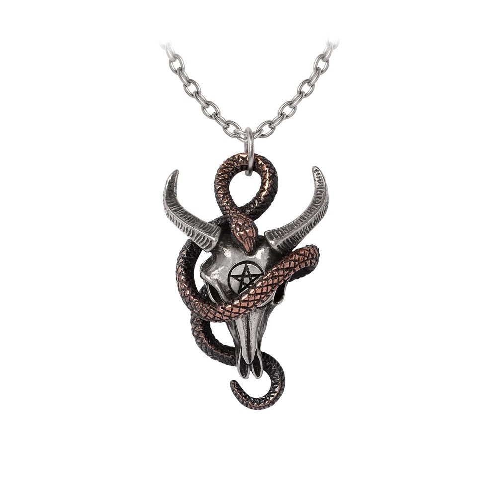 A potent token of lost hermetic wisdom. The ancient Goat of Mendes is ordained by an ophidian vassal writhing to shed its skin, in a quest for rebirth and evolution of spirit.