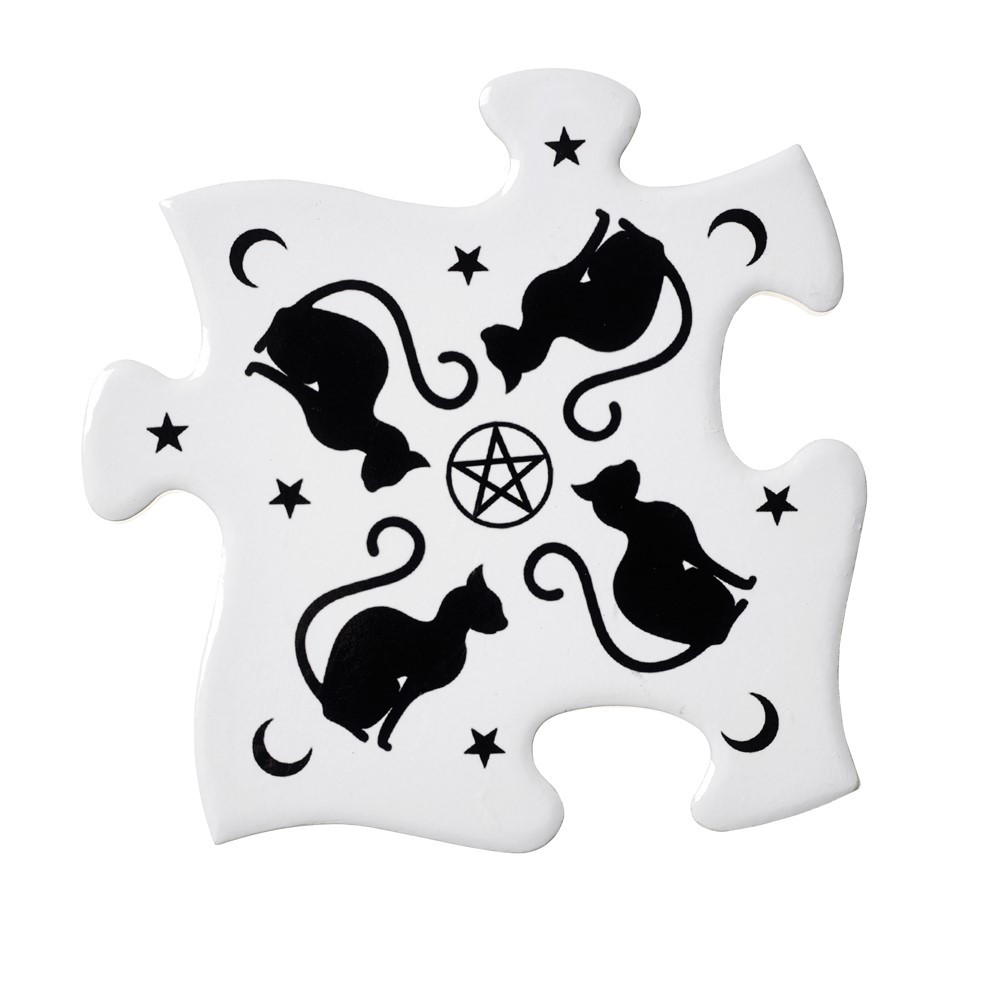 Black cats, pentagrams, stars & crescent moons adorn this stunning 4 piece coaster set. These coasters can be used individually or as a heatproof trivet for larger items when joined together. Add a little magic to your home with this beautiful Alchemy designed set.
