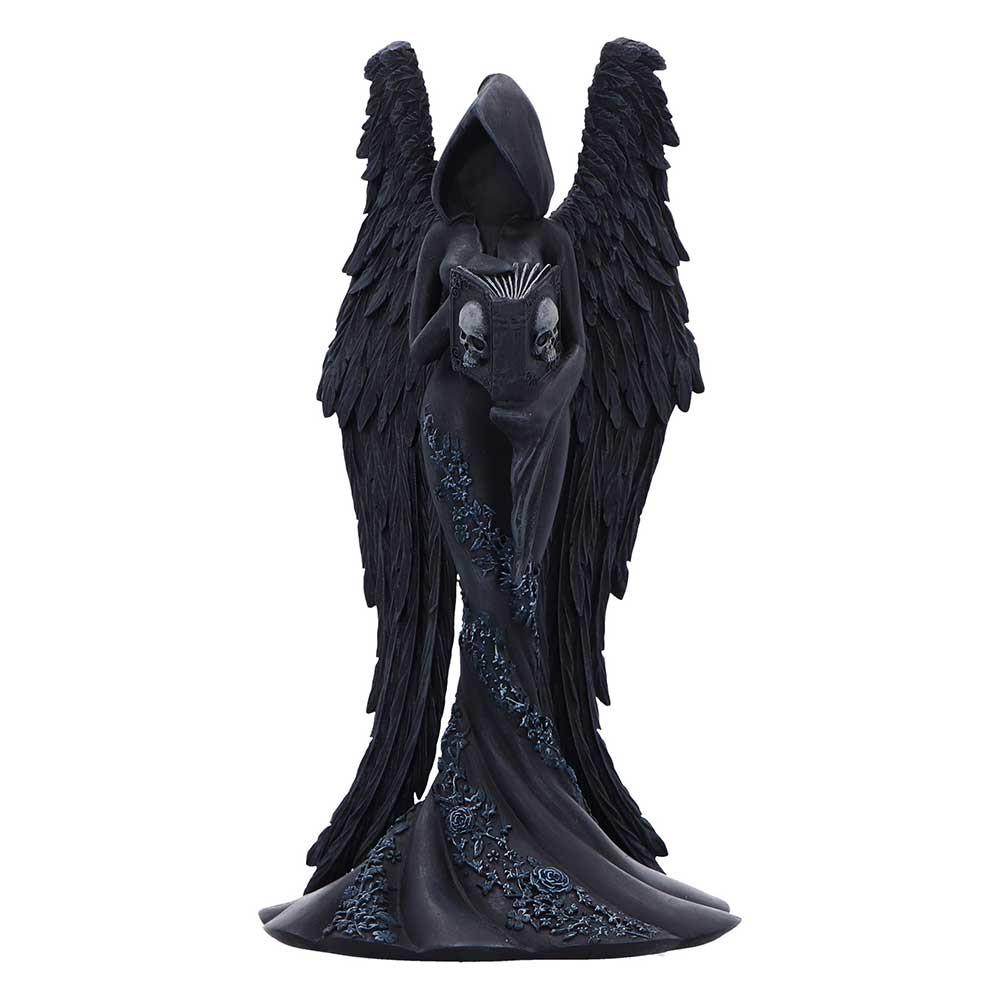 The Femme Fatale Book Figurine is an original Nemesis Now design that captures dark elegance and mystery in one striking piece. Cast in high-quality resin and hand-painted in matte black, it features a faceless, hooded woman with angel wings, holding a book adorned with a skull. Delicate flower accents on her flowing black robe add a hauntingly beautiful touch. Packaged in a branded box with protective inner packaging, it’s perfect for gothic art lovers, fantasy collectors, or anyone drawn to the mystical and macabre. Bring a sense of dark enchantment to your space with this captivating figurine.