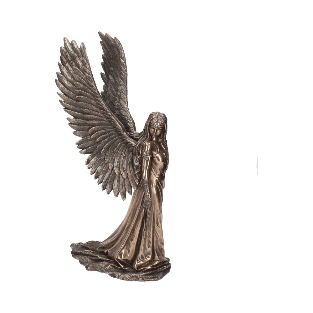 This fantastic angel figurine is designed by world-famous artist Anne Stokes and was created by Nemesis Now. Standing tall, this angel looks to her right, long hair flowing over her shoulders past her metal diadem. Her right hand hangs down by her side, holding a key on a chain as her long dress flows along the ground behind her. Long wings stretch out behind her, erupting from between her shoulders. Cast in the finest resin with a bronze finish, this enchanting angel figurine is a fantastic gift for anyone who feels they need some guidance in their life.
