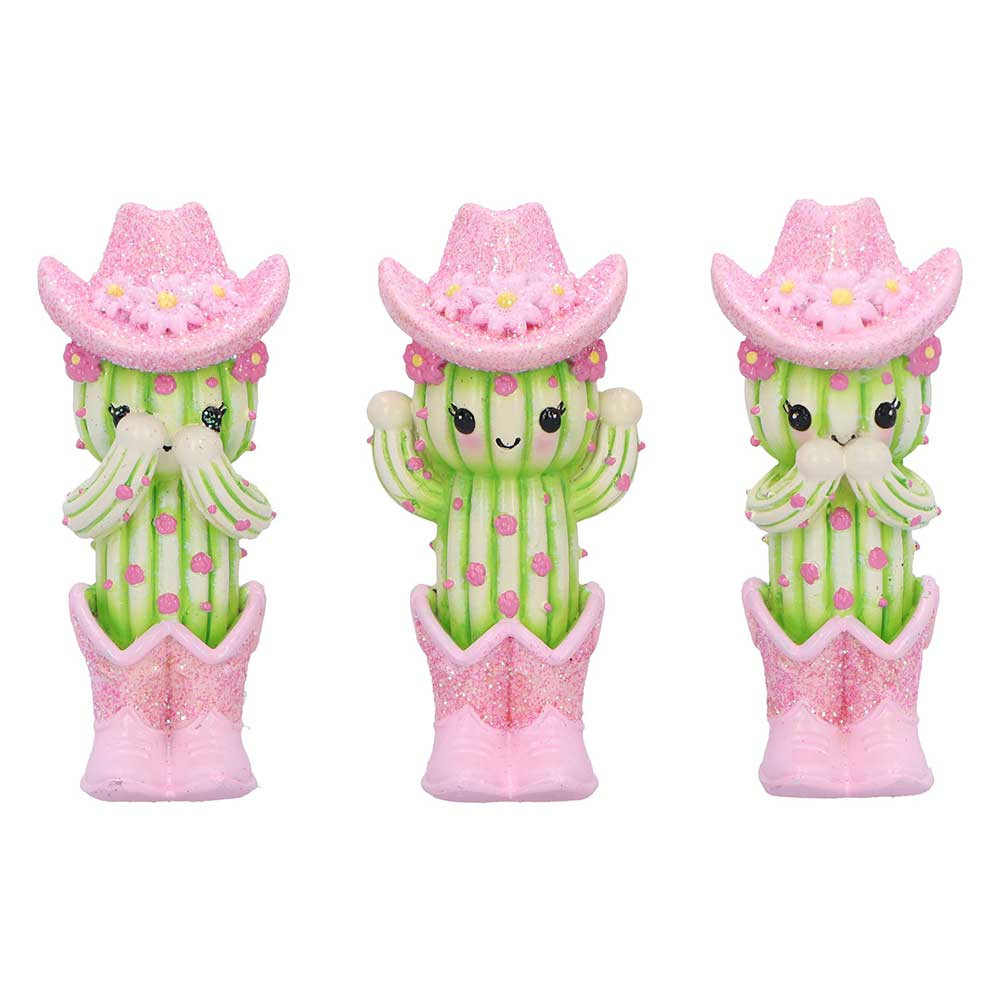 Three Wise Cacti is a fun, quirky set of three cactus figurines, each standing 9.5cm tall and styled in the classic see no evil, hear no evil, speak no evil poses. With bright green bodies, cute expressions, pink cowboy boots, and matching hats, these hand-painted resin figures add a playful western twist to any space. Packaged in a colourful, protective box, they’re perfect for gifting or displaying. Ideal for fans of novelty decor, plant lovers, or anyone who enjoys a touch of humour in their home, these charming cacti are guaranteed to brighten your day!