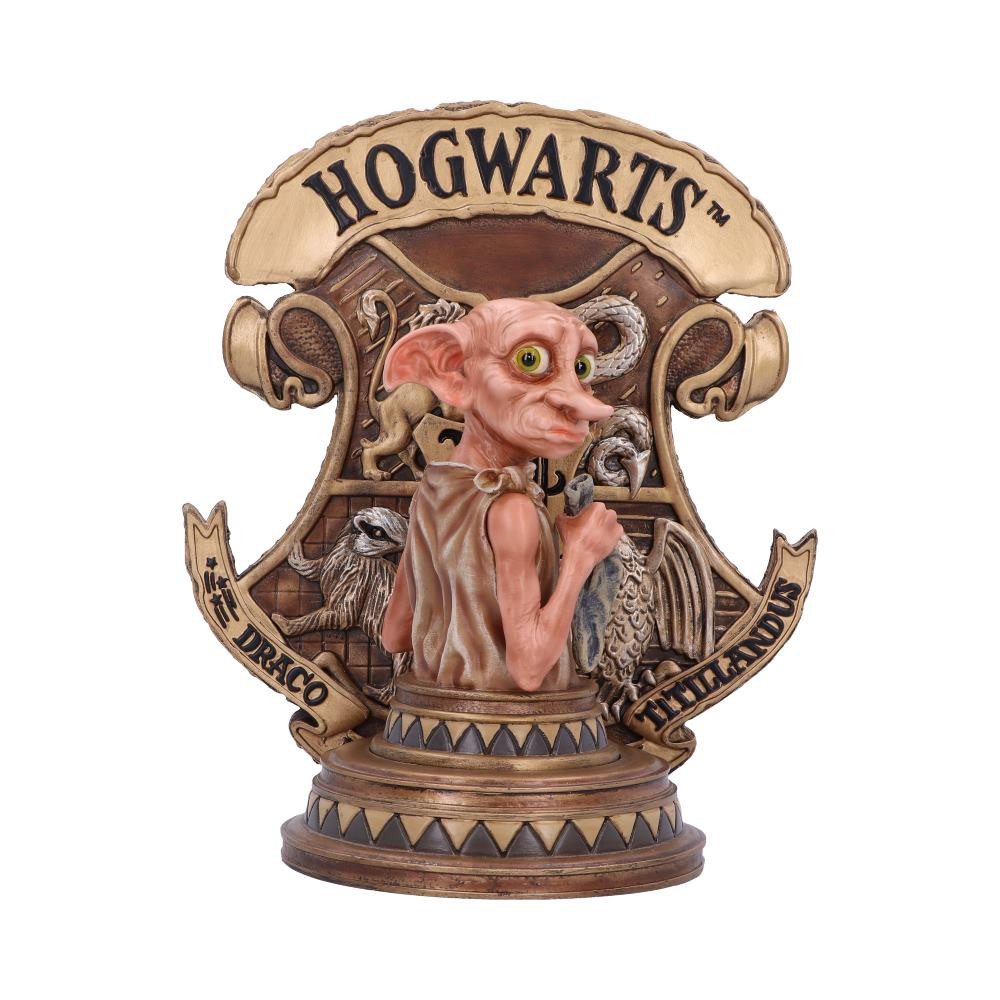 Discover the Wizarding World with this Officially Licensed Harry Potter Dobby Bookend. Stood in front of the of the instantly recognisible Hogwarts Crest as the main feature of the bookend, Dobby can be seen looking over his shoulder, dressed in an old pillow case and gripping onto the sock which granted him freedom from the Malfoy's. Cast in the finest resin before being expertly hand-painted, this collectible bookend is the perfect addition to any wizarding collection and can be enjoyed by Witches, Wizards, and Muggles alike!