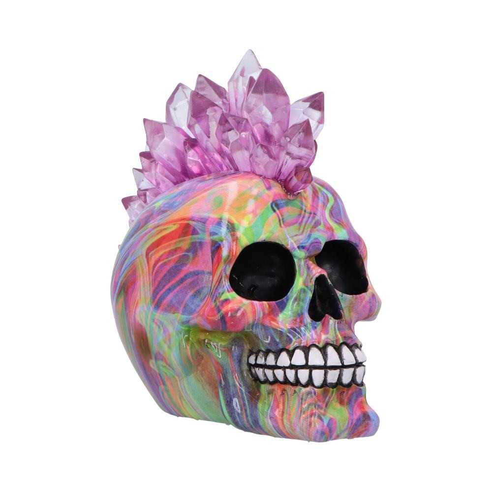 This psychedelic crystal mohawk skull is a vibrant LED light-up ornament, featuring a bold tie-dye-inspired design with green, pink, purple, yellow, and orange hues. The clear pink resin mohawk glows when the LED light is activated, creating a striking display. Batteries included for easy use. A must-have for alternative décor lovers and gothic collectors.