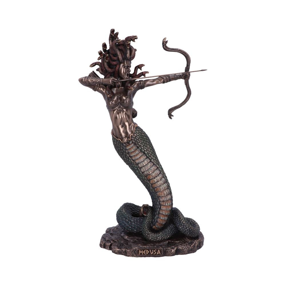 From alternative brand Nemesis Now’s Premium giftware range, this bronzed Medusa figurine is cast in the finest bronze resin before being expertly hand-painted. The top half of her body is that of a female human but as we get lower we can see her transform into an emerald serpent creature. Smaller red serpents form her hair, some rising high while other cradles her screaming face. Her arms control a deadly bow and arrow, ready to shoot at any enemy she locks onto. Let her protect your home today, if not she may turn you to stone.