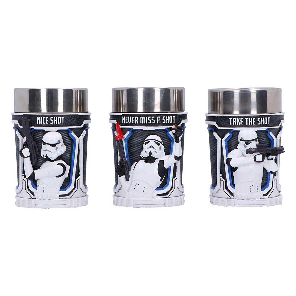 This Stormtrooper Shot Glass Set of 3 is a fun collectible addition to any sci-fi fan's barware. Made from durable resin and expertly hand-painted, each glass showcases detailed 3D Stormtrooper artwork designed to match a comical phrase. The set comes packaged in an officially licensed box ideal for gifting or displaying. Perfect for collectors, party hosts, or anyone who enjoys a galactic twist on their drinkware, this set is a guaranteed conversation starter, the ultimate way to take your shots with a side of humour and fandom.