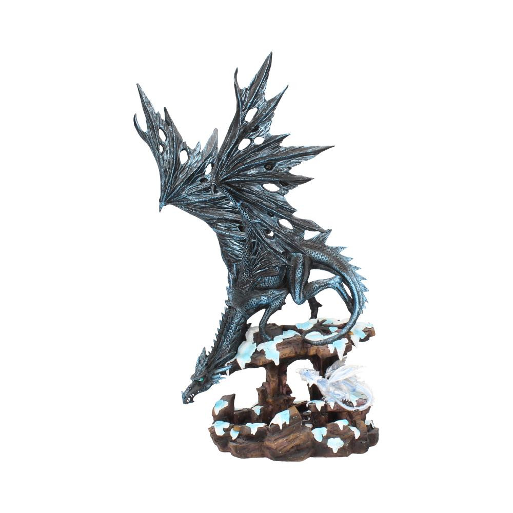 From alternative brand Nemesis Now's giftware collection, this statement piece will turn heads wherever it lands. Gripping onto a rocky formation, this black Dragon has landed, his large wings raised high as if readying himself for a sudden take off. Sharp barbs run down his spine, warning off any potential attackers. A small white hatchling looks to him for guidance and protection from a lower tier. Cast in the finest resin before being hand-painted, this piece is a great addition to any Gothic home.