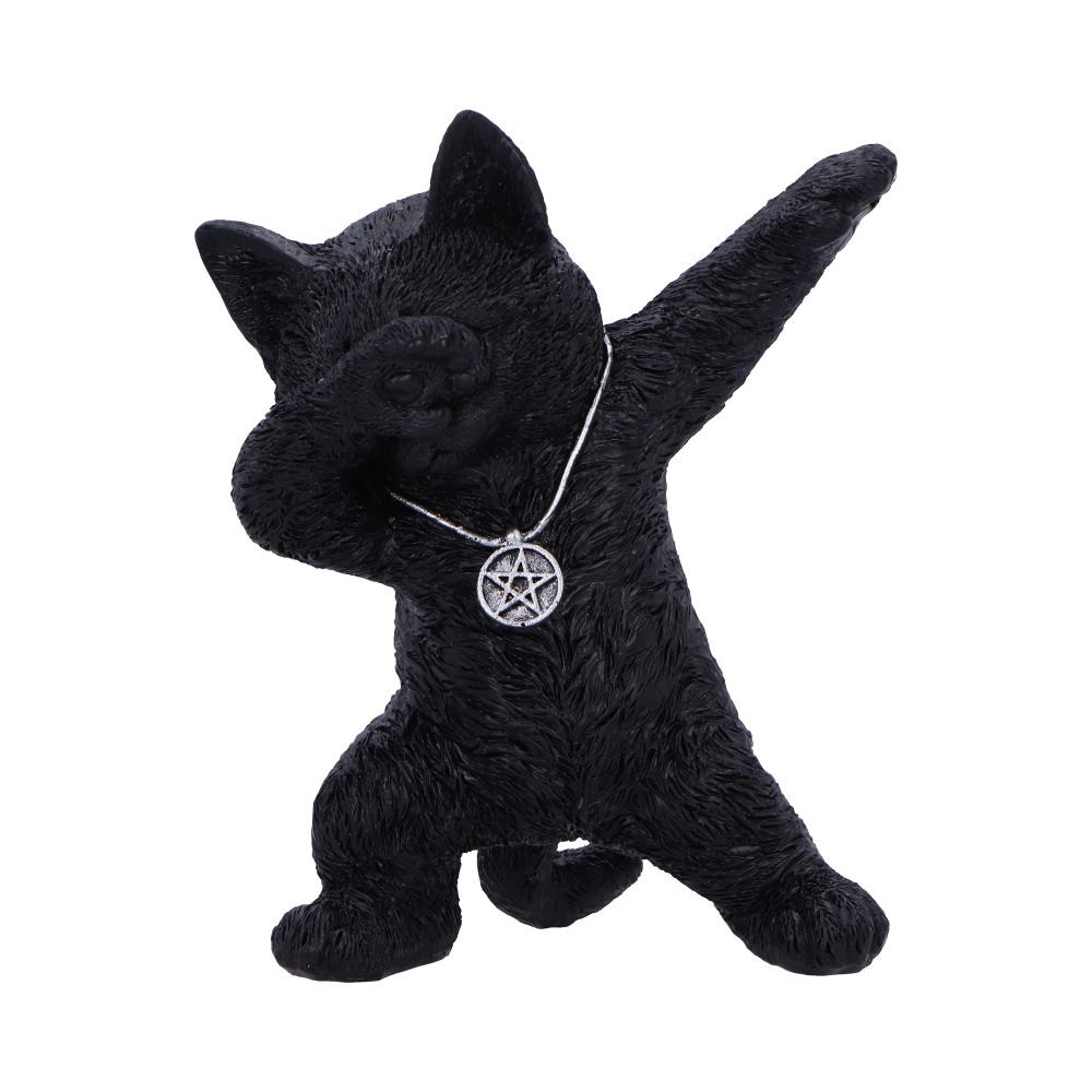 The Hex and Flex Figurine is a playful black cat caught in a humorous dabbing pose, adorned with a striking silver gothic pentagram necklace. Cast in high-quality resin and expertly hand-painted, this unique collectible showcases fine details and craftsmanship. Packaged in a branded box, it's ready for gifting or display right out of the package. Perfect for gothic decor fans, cat lovers, and collectors of quirky figurines, this fun and edgy piece adds personality and charm to any space.