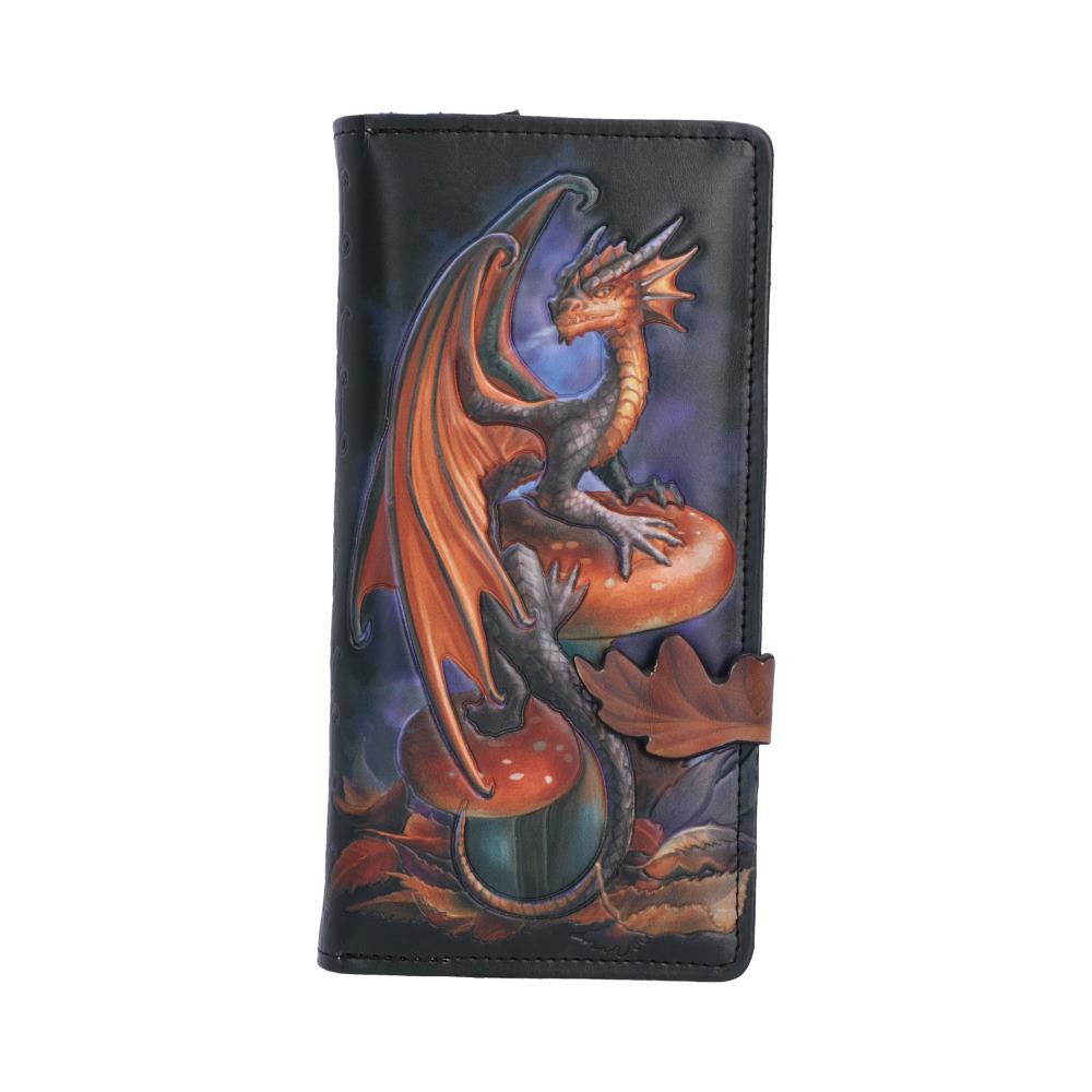 The Mushroom Dragon Embossed Purse from Anne Stokes is a beautifully detailed fantasy accessory featuring an embossed illustration of a small black and orange dragon perched atop woodland mushrooms, surrounded by earthy textures and a mystical blue glow. The reverse includes additional mushroom artwork with subtle purple detailing, while the interior is lined with elegant purple leaf patterns and includes multiple card slots and zippered coin compartments for practical everyday use. Finished with a secure press-stud fastening shaped like a brown lead, this enchanting purse is packaged securely to help protect its intricate embossed design. Ideal for fantasy lovers, dragon enthusiasts, gothic fashion fans, and collectors of Anne Stokes artwork, this magical purse is perfect for bringing a touch of woodland fantasy to your daily essentials.