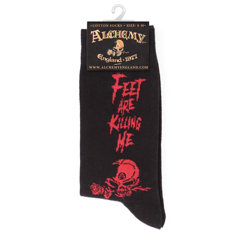 Are your feet killing you! Treat them to these cosy socks featuring the deadly slogan 'Feet Are Killing Me' and the iconic Alchemist skull.