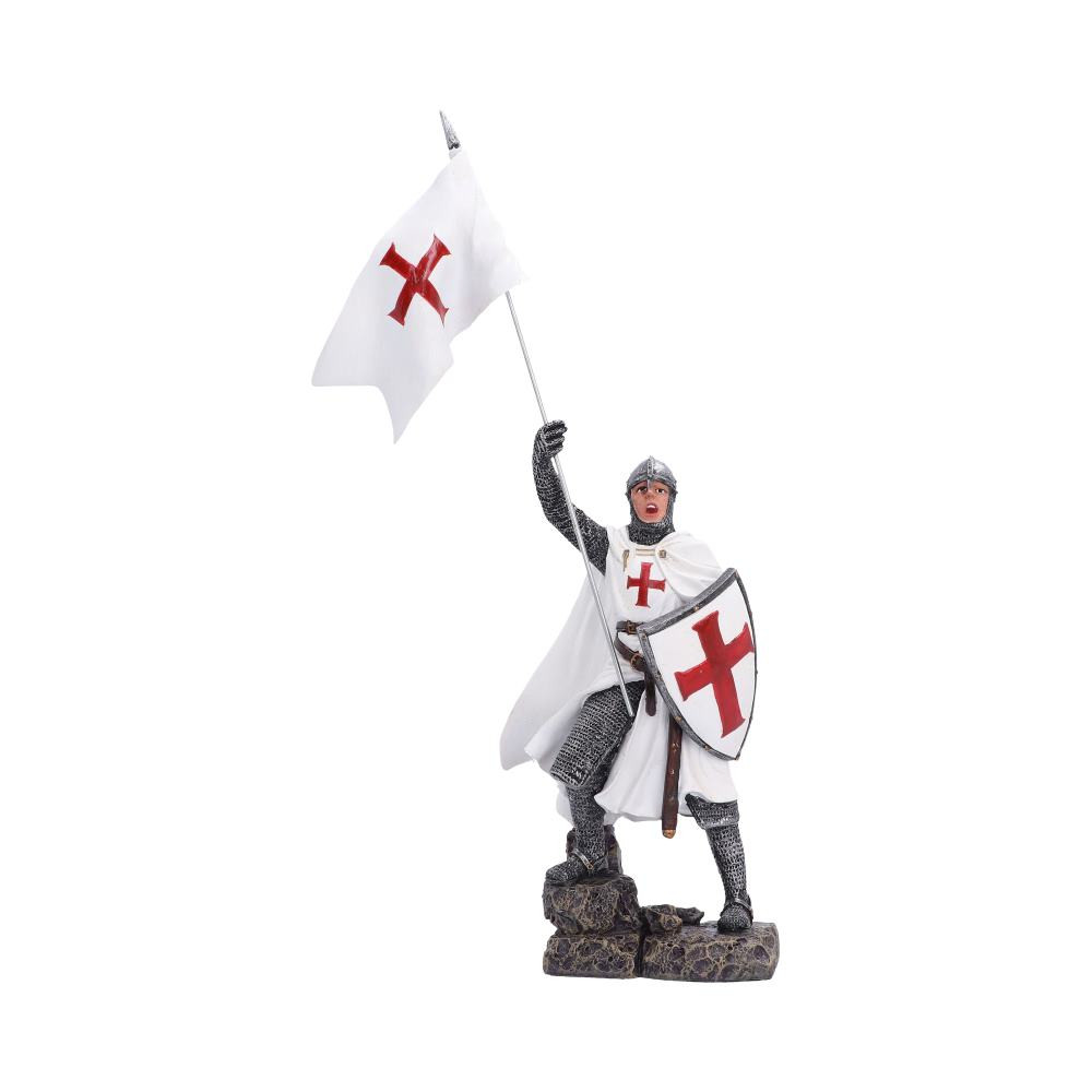 The Banner of Glory is an original knight figurine depicting a classic English warrior triumphantly raising a flag in victory. Standing atop a rugged rock base, the knight holds a shield and flag adorned with the iconic red and white cross and is expertly cast in high-quality resin before being carefully hand-painted to highlight every intricate detail. Securely packaged to help ensure safe arrival, this impressive figurine is perfect for medieval history enthusiasts, collectors, and lovers of fantasy-inspired décor. Add a bold symbol of courage and triumph to your home with this beautifully crafted display piece.