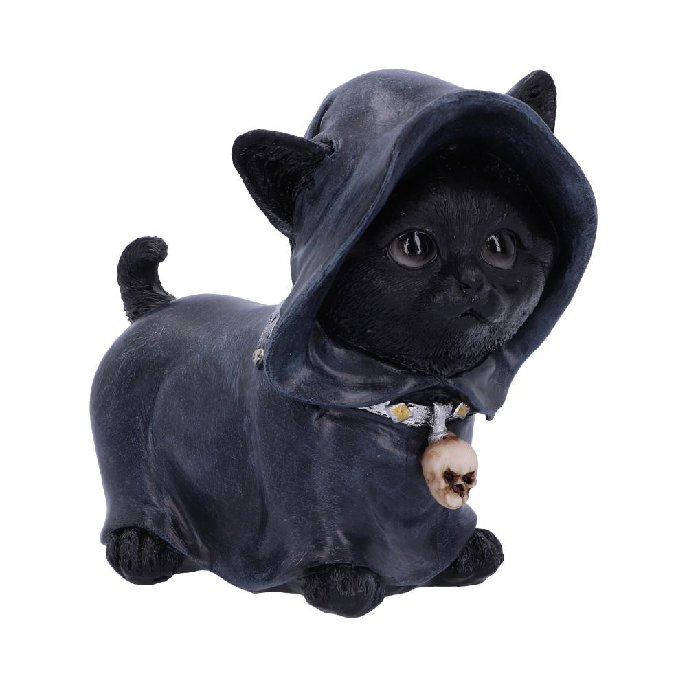 The feline companion of the Grim Reaper. This little black kitten has shining black eyes wearing a silver collar with a small skull charm attached. The kitten wears a shroud to match that of her master and truly is Death’s best friend. Cast in the finest resin before being expertly hand-painted, this reaper kitten would make the perfect addition to any gothic collection.