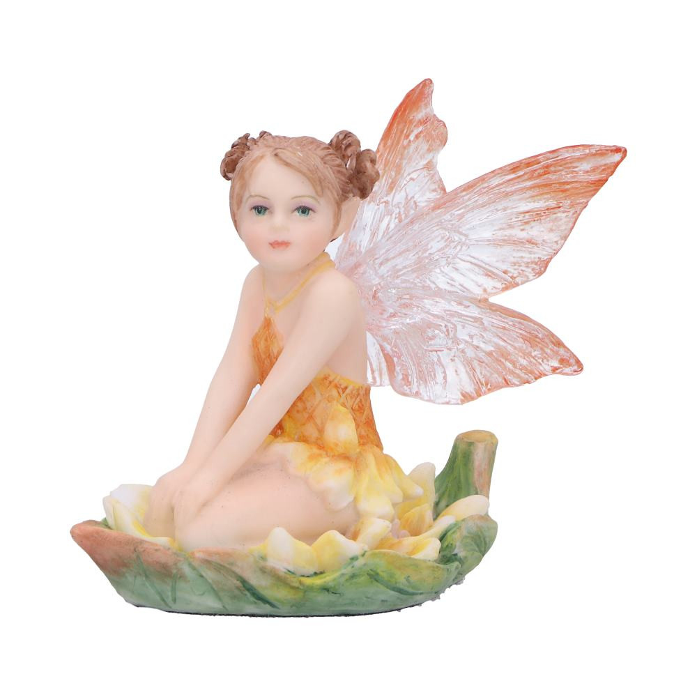 Olivia – The Sunlit Garden Fairy Olivia is a charming fairy figurine who exudes the warmth and serenity of summer. Kneeling gracefully on a yellow-leaved lily pad, she gazes peacefully into the distance, her hands gently resting on her knees. Dressed in a flowery orange summer dress that evokes the beauty of vibrant sunflowers, she radiates a sense of calm and tranquility. Her semi-transparent resin wings, tinted with a soft orange hue, enhance her ethereal and magical presence. With her brown hair styled in delicate buns, Olivia brings a youthful and carefree energy to any space. This enchanting figurine is perfect for nature-inspired collections, summer-themed displays, or boutiques looking to add a whimsical touch. Whether you’re drawn to fairies, sunlit gardens, or magical décor, Olivia will add a touch of sunshine to any collection.