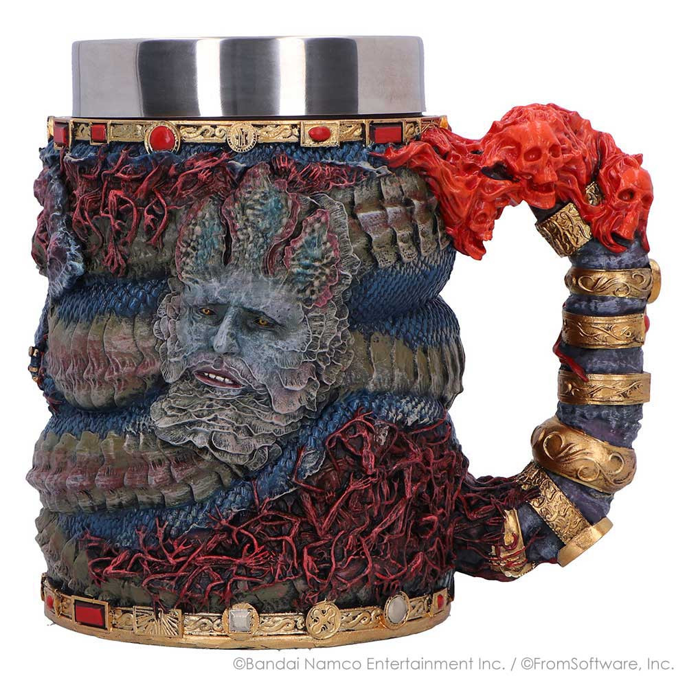 The ELDEN RING Rykard Tankard is an officially licensed collectible, cast in high-quality resin and expertly hand-painted to reflect the dark fantasy style of the game. Featuring Rykards’s serpent body coiled around the tankard, his monstrous face on the front, and a serpent head on the back, it is rich with detail, including Volcano Manor-inspired accents. The handle is adorned with gold rings and fiery red skulls on the top. Packaged in a full colour display box for protection and presentation, it’s perfect for ELDEN RING fans, fantasy collectors, and gamers alike. This tankard is a bold, unforgettable tribute to one of the game's most fearsome foes.