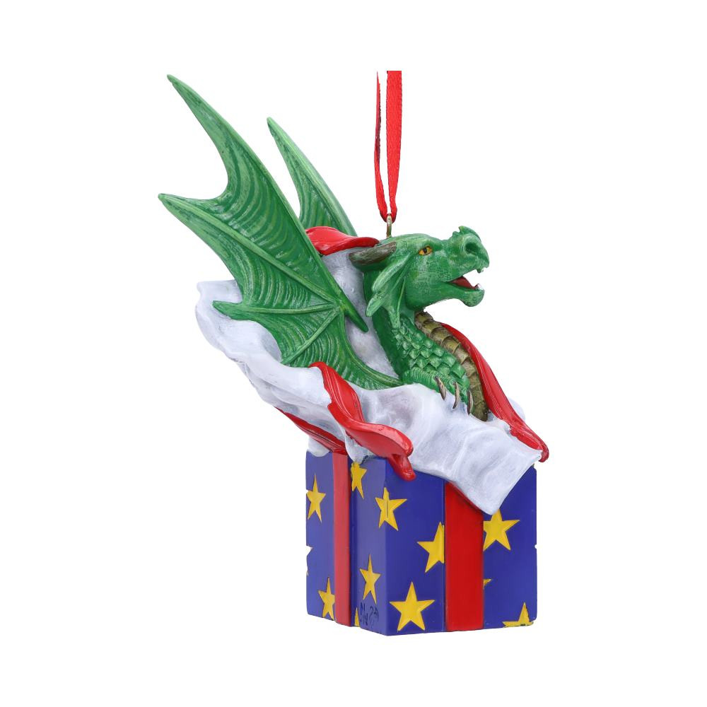 From world-renowned gothic and fantasy artist Anne Stokes, comes this Surprise Gift Hanging Ornament. This mischevious green dragon sits nestled within the tissue paper of a very special gift. Their wings stand tall, ready to take flight and emerge from the boxed gift. Cast in the finest resin before being expertly hand-painted, this hanging ornament will sure be a festive favourite.
