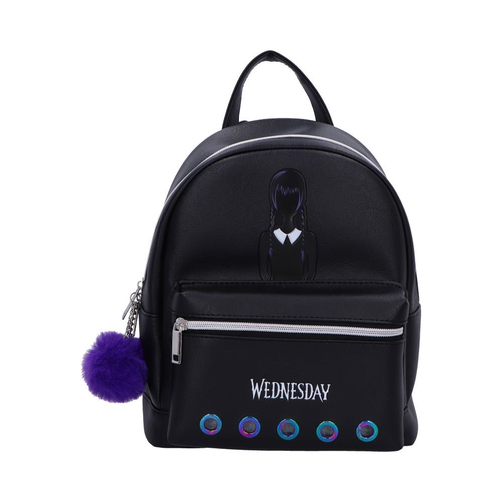 Embrace the darkly charming style of Wednesday Addams with our black faux-leather backpack, featuring her silhouette on the front. With adjustable shoulder straps and a top carry handle, this bag offers comfort and versatility. The spacious main compartment is complemented by a zippable front pouch, adorned with silver hardware and purple and black pompoms on the main compartment zip. Perfect for fans of Wednesday Addams seeking a stylish accessory or gift that embodies her spooky aesthetic.