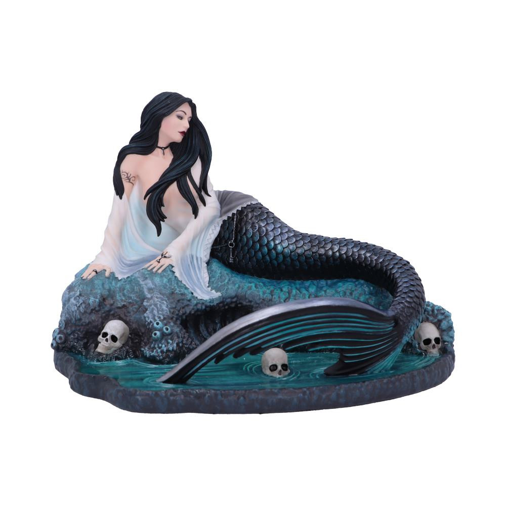 From the incredible imagination of Anne Stokes, this figurine is from alternative brand Nemesis Now's giftware collection. Throughout history, sirens have been known for their ability to lead sailors to an untimely demise using only their captivating looks and enchanting call. Sitting upon a rock, this lamenting siren washes her tail through the skulls of her victims as they float helplessly on the water's surface. As the mist rolls in, an unsuspecting ship is lured into her grasps as she beckons in another eternal companion. Cast in the finest resin before being carefully hand-painted, this beauty would make the perfect addition to any mythological Fantasy collection.