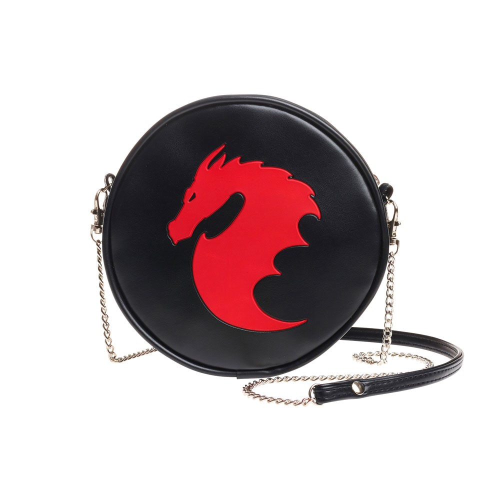An irresistible round, black purse-shoulder bag, with a strikingly alternative, iconic image boldly embossed upon its front to personify the wearer's alter ego.