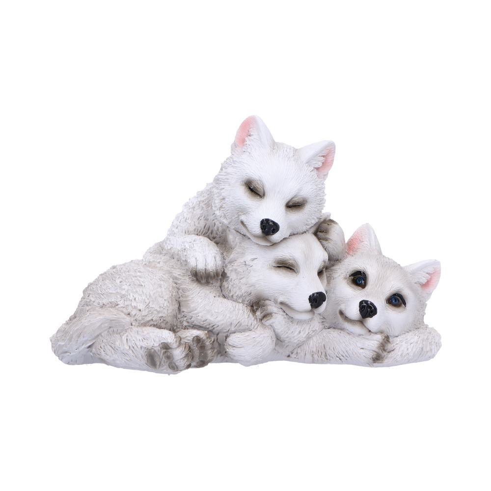 Embrace the heartwarming innocence of the Sleepy Pups Figure from Nemesis Now's value collection. This charming figure captures a trio of wolf pups in a serene moment of rest after a day of playful adventures, tenderly cuddling each other for warmth. The endearing pups, painted in a pristine white hue with striking blue eyes, exude a captivating charm that will delight any animal lover. Meticulously crafted from the finest resin and hand-painted with attention to detail, this figurine stands as a testament to the artistry synonymous with Nemesis Now. Ideal for enthusiasts of wildlife and nature, the Sleepy Pups Figure is part of our extensive range of animal-themed giftware. Whether your customers are collectors seeking a heartwarming gift, this piece adds a touch of wild beauty to any setting, appealing to those who appreciate the enchanting allure of wolves.