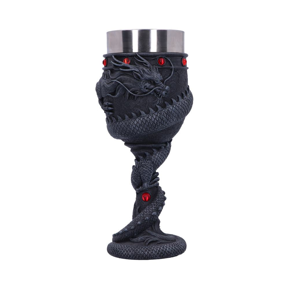 alternative brand Nemesis Now takes you to a Fantasy world with this enchanting Dragon Coil goblet. The highest-quality resin has been cast and hand-painted into an onyx Dragon coiled around the cup, jealously guarding both the inlaid red jewels and your precious drink. With a removable stainless steel insert for ease of cleaning, this goblet makes a mysterious and enticing addition to any home. Perfect as a gift to the Fantasy lover in your life, or as a gift to yourself!