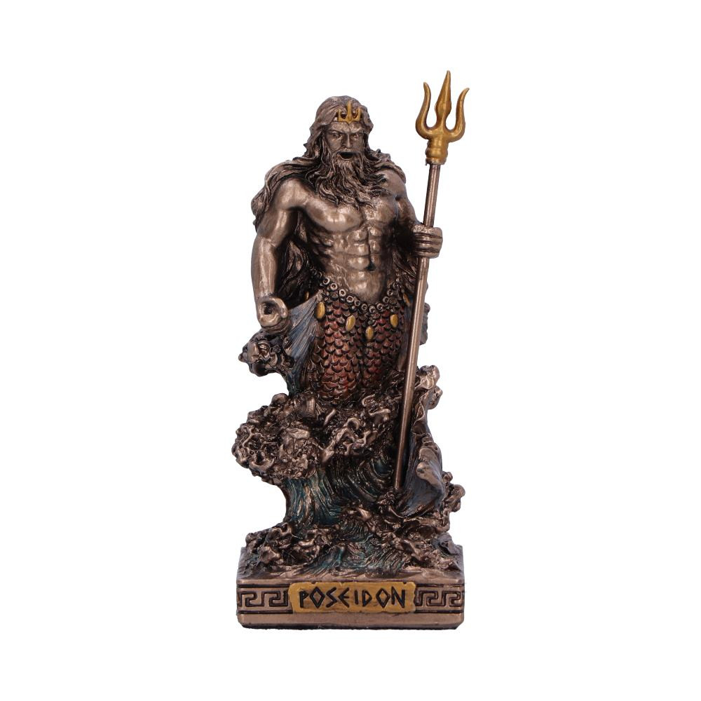 Unleash the power of the sea with our majestic Poseidon God of the Sea (Mini) from Nemesis Now's premium collection. Crafted in the finest resin, this bronzed masterpiece captures the god of the ocean atop a crashing wave, wielding his iconic trident with authority. Meticulously hand-painted, the swirling waters beneath Poseidon are rendered in mesmerizing blue hues, while the bottom half of his body is adorned with red scales, symbolizing the depths of the ocean. Atop his head, a golden crown shaped like his trident adds regal splendor to his divine presence. A part of our Mythical Seas Collection, the Poseidon God of the Sea (Mini) joins a range of captivating designs, appealing to enthusiasts and collectors who yearn for the commanding and awe-inspiring essence of ancient Greek mythology.