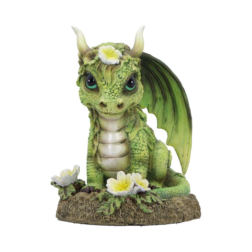 Freesia Flower Dragon The Freesia Flower Dragon combines the charm of a playful dragon with the delicate beauty of nature. Featuring bright green scales and large, expressive eyes, this adorable dragon has small horns and a peaceful resting pose, complete with folded wings and a curled tail. It sits gracefully on a garden-inspired base, adorned with white freesia flowers that contrast beautifully with the dragon's green scales. Perfect for nature-themed displays or garden décor, this whimsical figurine is ideal for customers seeking a magical and friendly addition to their space. Packaged securely, the Freesia Flower Dragon makes a delightful and marketable collectible for any retail setting.