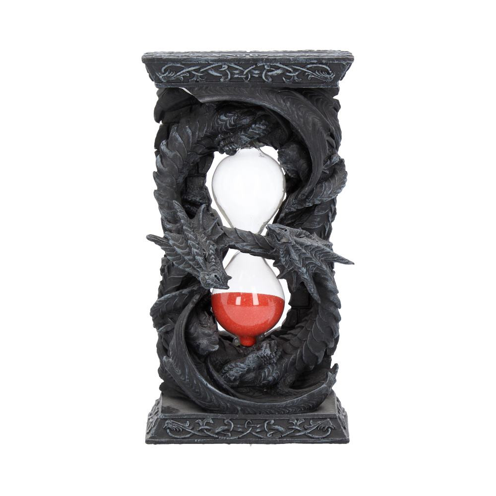 This entwined Dragon sand timer comes from Gothic masters Nemesis Now. Filled with red sand, this timer is a Fantasy lovers dream! Topped with a large black Dragon clings to the glass. Its tails curves around the body of the timer and crosses over with the tail of another who mirrors the other Dragon's position. Each end features a flat base covered in intricate vines details, allowing the time to easily stand whichever way it is turned. Cast in the finest resin before being hand-painted, this product is perfect for any Dragon enthusiast.