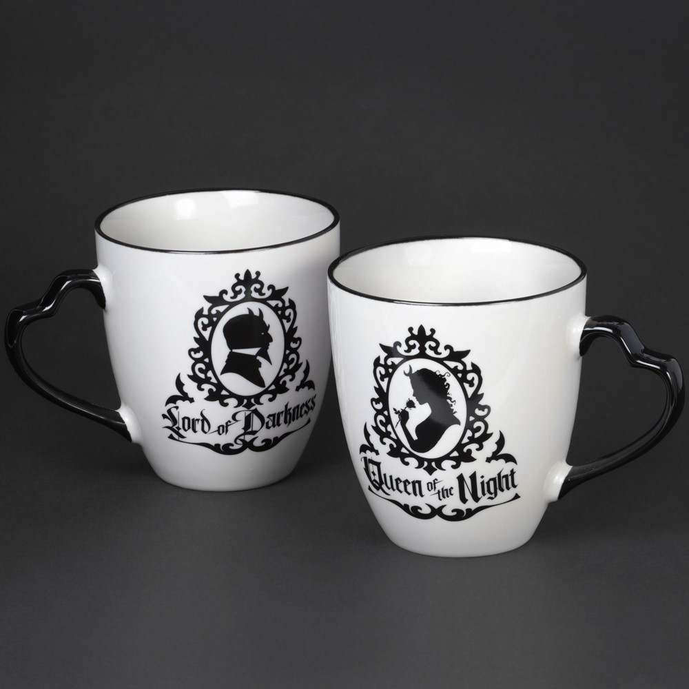 Be the Queen of the Night & Lord of Darkness rulers of your own empire! Sip from your own unique complimenting mugs which not only look stylish with a stunning heart shaped handle, but state your status as the ultimate power couple of the dark night! Couple mug sets a truly unique and exquisite gift perfect for weddings, anniversary's or to show that special someone just how much you love them! This mug set is designed by Alchemy and forms part of the new and unique home and gift collection. Colour: Black & White