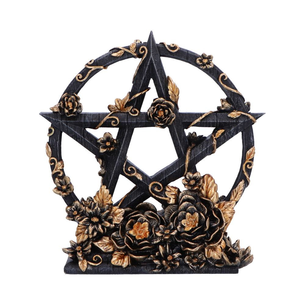 Introducing our Floral Pentagram, a captivating ornament designed by Nemesis Now for wiccan enthusiasts. Crafted with a resin black base, it features a striking pentagram adorned with exquisite gold flowers. Packaged in a stylish Nemesis Now branded gift box, it makes the perfect gift for a loved one. Perfect for enthusiasts of wiccan and gothic décor, this piece adds a touch of mystical charm to any collection. Embrace the enchantment with our Floral Pentagram.