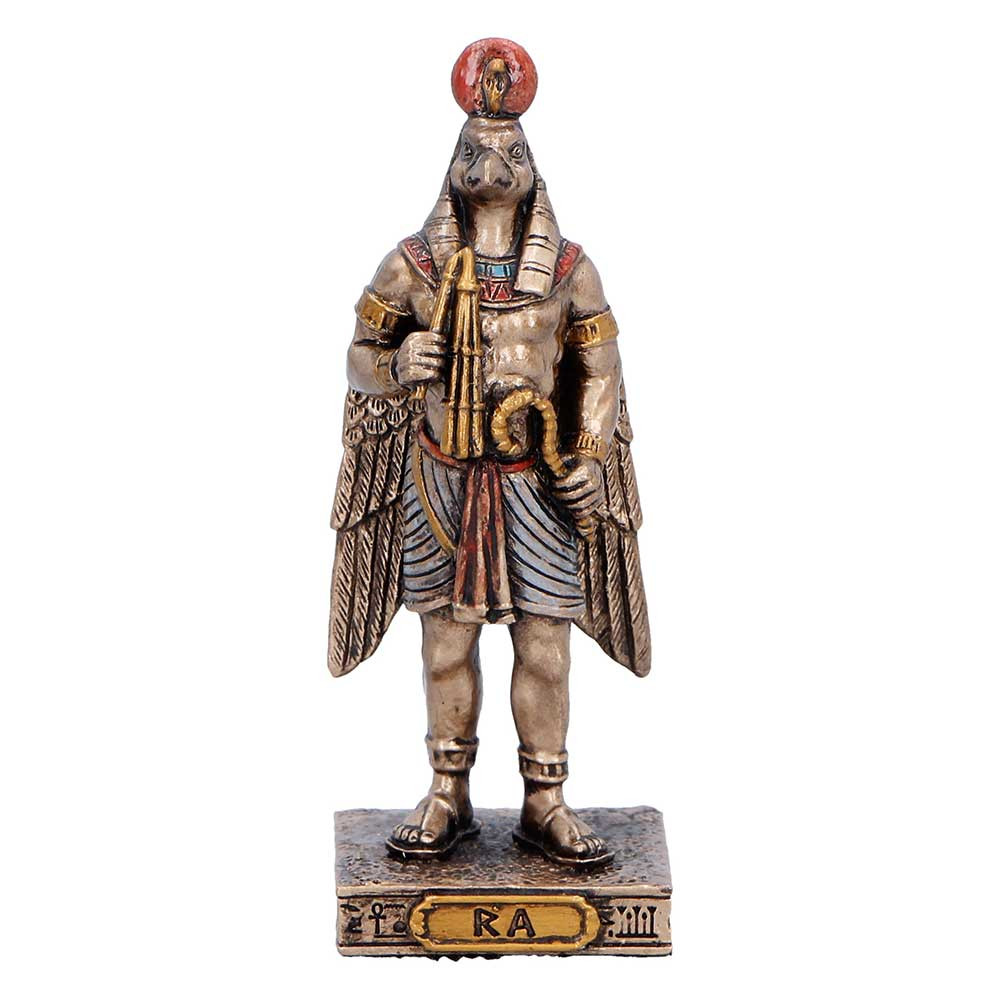 The Ra, God of the Sun Mini Figurine is a beautifully crafted tribute to the ancient Egyptian sun god, captured in a powerful, stoic stance. Featuring rich bronze and brown tones with intricate coloured accents, this highly detailed figurine stands on a name-plated base that enhances its authentic design. It comes securely packaged in a decorative box, perfect for gifting or display. Ideal for collectors. Mythology enthusiasts, or anyone drawn to symbolic and spiritual decor. Bring home a touch of ancient power to your space.