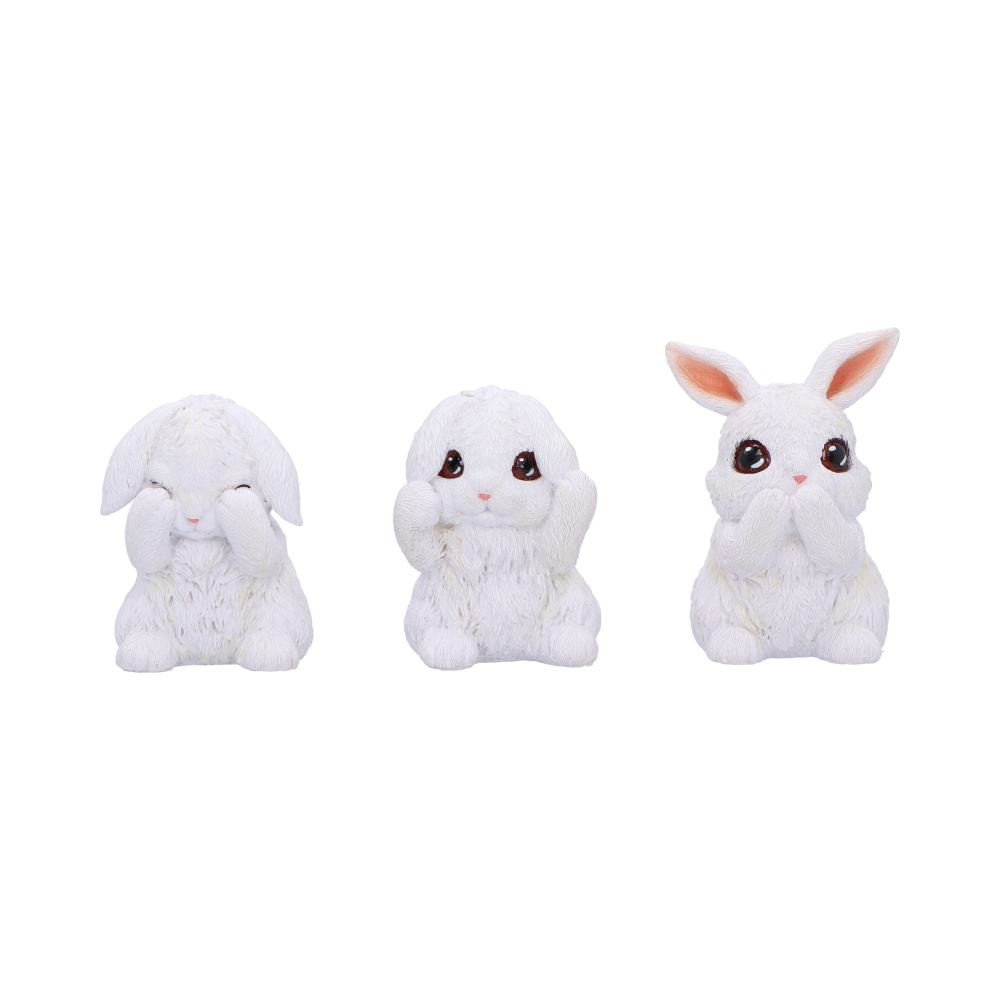 Introducing the charming "Three Wise Bunnies" set, a delightful trio of white bunny figurines that embody the iconic poses of the three wise monkeys. Each bunny represents one of Confucius' famous teachings: 'see no evil', 'hear no evil', and 'speak no evil', with one bunny covering its eyes, another covering its ears, and the final one covering its mouth. Designed by Nemesis Now, these adorable bunnies are meticulously cast in the finest resin and hand-painted with exquisite attention to detail. Arriving in multiple layers of protective packaging to ensure safe delivery, this whimsical set is perfect for animal lovers and those with a penchant for girly and eccentric decor. Add a touch of playful wisdom to any space with these enchanting figurines.