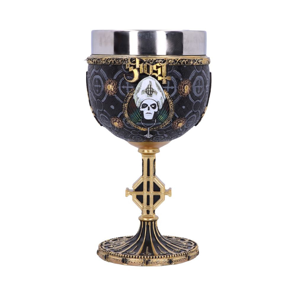 Join the ghastly congregation of Papa Emeritus and Cardinal Copia with this officially licensed chalice, created by Nemesis Now! Detailed in Gold and emblazoned with the face of a supercilious Papa gazing into the abyss, this chalice has been cast in the finest resin before being expertly hand-painted and features a stainless steel insert for ease of cleaning. It's never been easier to show your unwavering devotion with the full collection of Ghost merchandise, painstakingly designed by their very own Nameless Ghouls.