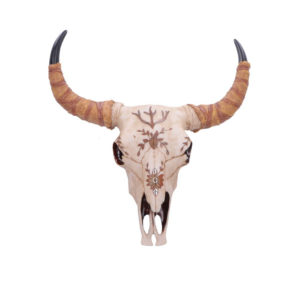 The Spirit of the South Skull is a uniquely designed bull skull ornament decorated with symbolic motifs and decorative patterns, creating a bold and artistic visual statement. Cast in high-quality polyresin and expertly hand-painted, it features intricate details such as floral and branch accents that bring depth and character to the design. Securely packaged in a branded box to protect its fine detailing, this striking ornament is ideal for fans of alternative decor, symbolic art, and statement pieces, making it a distinctive addition to any home or collection.