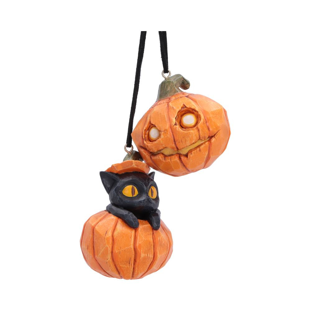 The Pumpkin and Patch Hanging Ornaments are part of Nemesis Now’s original Whisper Wood collection, featuring two delightfully spooky pumpkin decorations perfect for seasonal displays. Each ornament is hand-painted and cast in quality polyresin, with one bright orange pumpkin showcasing a yellow-eyed black cat peeking from the top, and another featuring a classic carved pumpkin with a spooky smile and vibrant colours. Packaged within an originally designed box for safe delivery and complete with black ribbons for easy hanging, this set is ideal for Halloween enthusiasts and lovers of whimsical autumn decor. Add a playful touch of festive charm to your home with these eye-catching pumpkin ornaments.