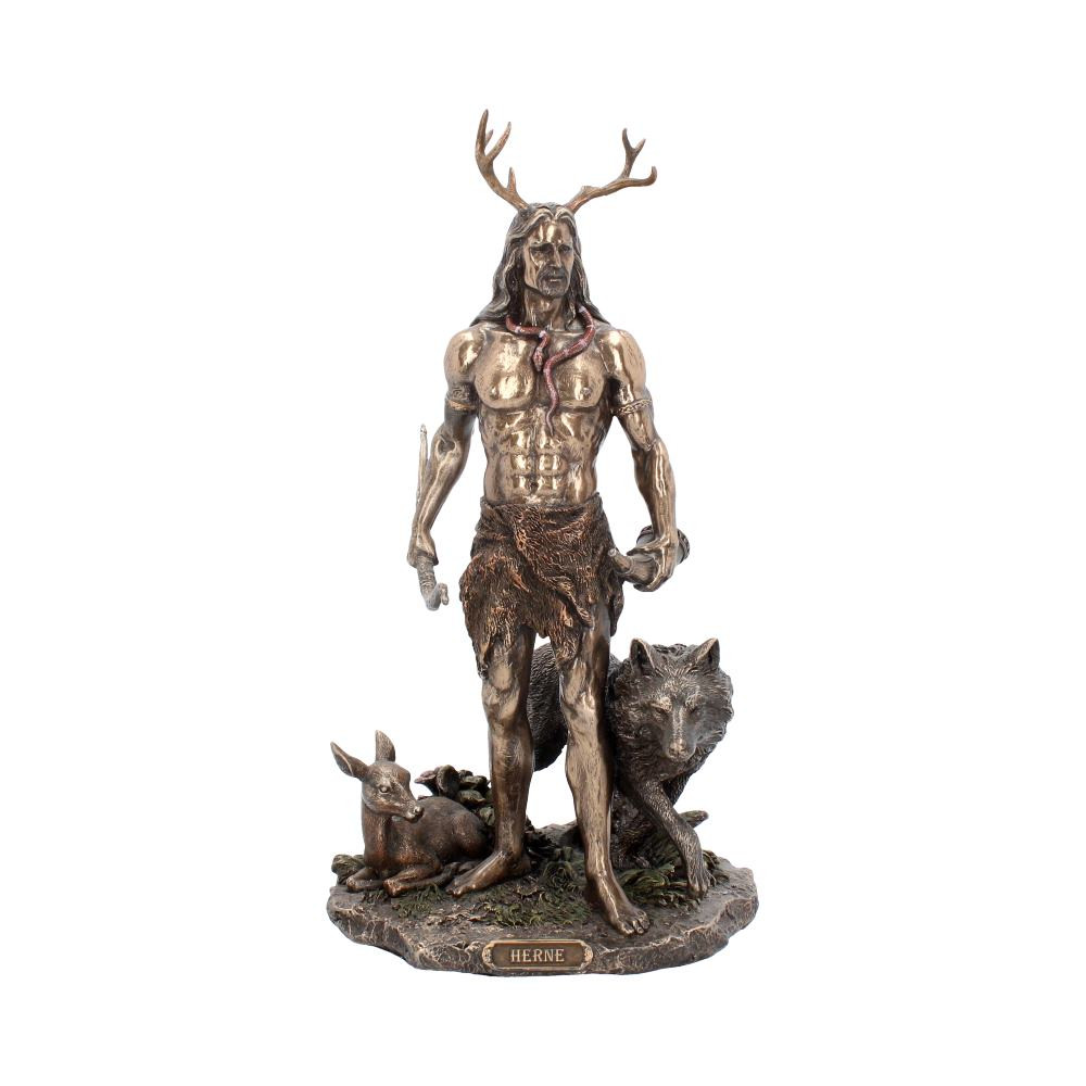 From alternative brand Nemesis Now, this alternative Celtic figurine is cast in the finest resin before being given a bronze finish and painstakingly hand-painted. Standing proudly in the forest, Herne, God of the Hunt looks around, a short bow in his right hand, a hunting horn in his left. He wears only a fur wrapped around his waist to protect his modesty. A red snake slithers around his neck below his shoulder-length hair, and large antlers emerge from his head. At his feet, a wolf prowls, ready to join the hunt, while a faun sits and looks unafraid. Perfect for the centrepiece of any altar, this mythological figurine is a perfect gift for those who want to know what to expect in Windsor Forest.