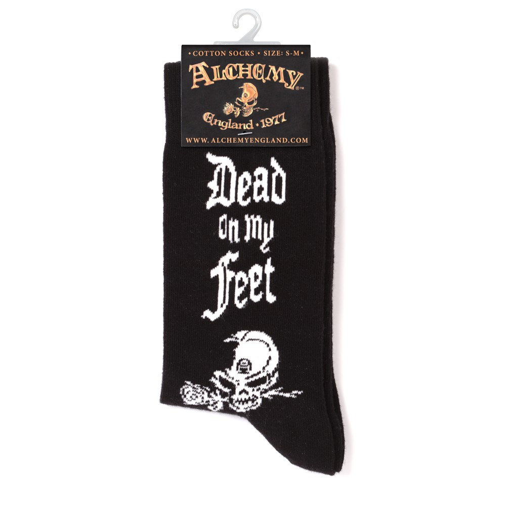 Are you feeling shattered, worn out, exhausted, tired or simply cannot be bothered? If so let them know and by wearing these fun socks featuring the eary slogan 'Dead On My Feet' and the iconic Alchemist Skull!
