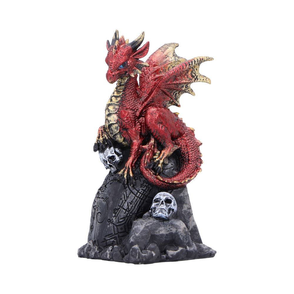 The Red Dragon Tower Decoration features detailed craftsmanship with a fantasy medieval theme. This decorative figurine showcases a mythical creature with textured scales in rich crimson tones perched atop a dark architectural structure. The contrasting colors and skull accents create visual drama for shelf displays. Made from quality materials, this collectible maintains its appearance over time and requires minimal maintenance. The substantial base provides stability while the vertical design maximizes display impact in limited retail space. This dragon decoration appeals to collectors of fantasy items and those seeking unique home accents. The distinctive design works well in various retail environments and complements other mystical or alternative themed merchandise. The combination of red dragon and gothic tower elements attracts attention in mixed merchandise displays.