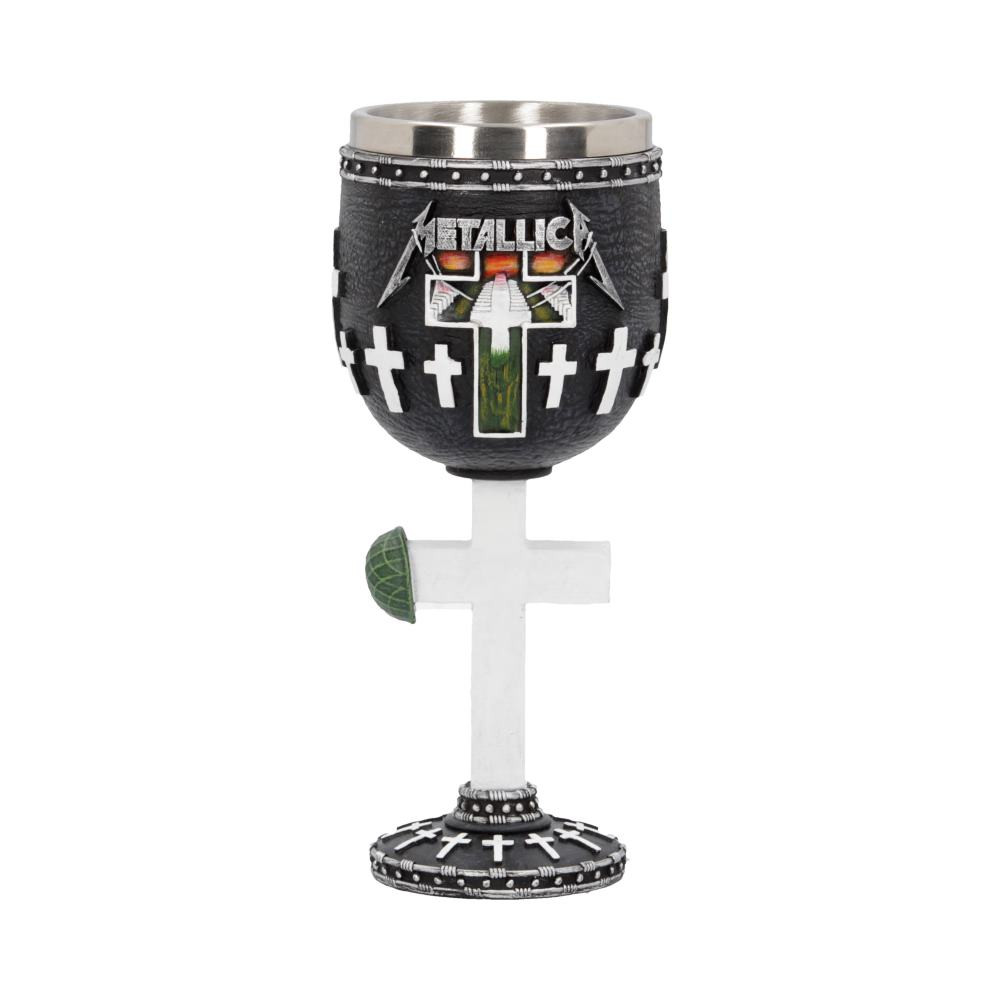 Have your favourite Metallica album artwork on display at all times with this exquisite goblet, created by Nemesis Now! Featuring the understated artwork from their third studio album, it shows military-style graves stones lined up in neat rows in the centre of a white cross. Each stone is attached to strings leading to the Metallica logo. White crosses line up around the cup and base. This design is mirrored in the stem which is a formed from a large white cross, with a military helmet hanging on the horizontal bar. Cast in the finest resin before being expertly hand-painted, this piece comes with a removable stainless steel insert and is the perfect way to pay homage to one of the most influential heavy metal bands of all time!