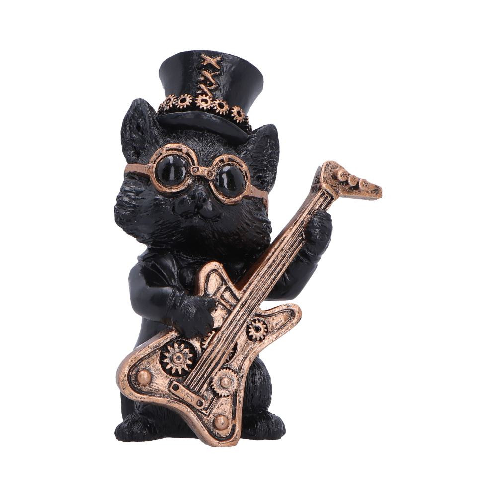 The Music Meowstro - Guitar figurine, originally designed by Nemesis Now, is an adorable 10cm decorative piece featuring a charming black cat captured mid-performance. Styled with a light steampunk aesthetic, the cat wears a black top hat adorned with gold stitching, gears and gold goggles while enthusiastically playing a gold guitar detailed with intricate cogs and mechanical accents. Expertly cast in high-quality resin and carefully hand-painted, the figurine showcases impressive craftsmanship and character. It is securely packaged to help protect the detailed finish during transit, making it ready for display as soon as it arrives. Perfect for cat lovers, music fans, steampunk enthusiasts and collectors of quirky decor, this playful figurine is a fun way to add personality and musical charm to your home.