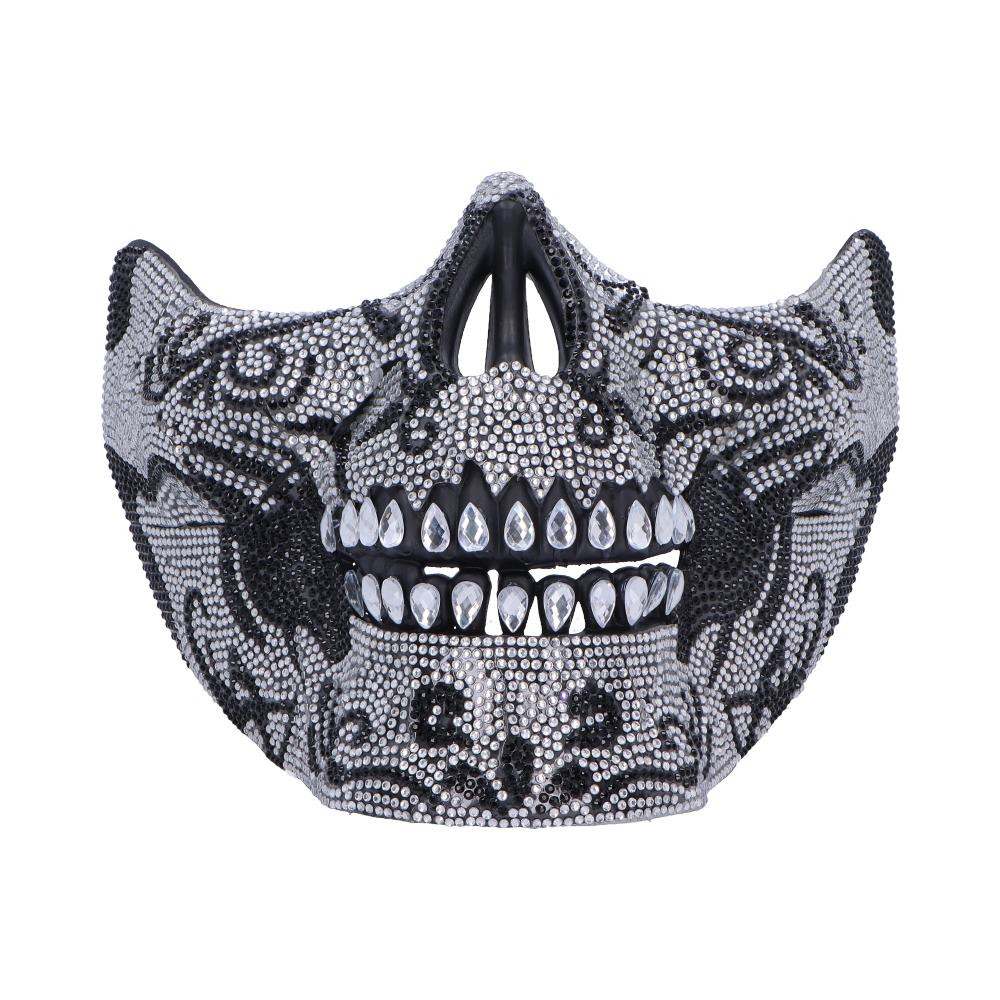 Jewelled skull masquerade mask with black and silver rhinestone design. Elaborate crystal detailing. Adjustable ribbon strap. Perfect for costume events, Halloween, and themed parties. Handcrafted statement piece.