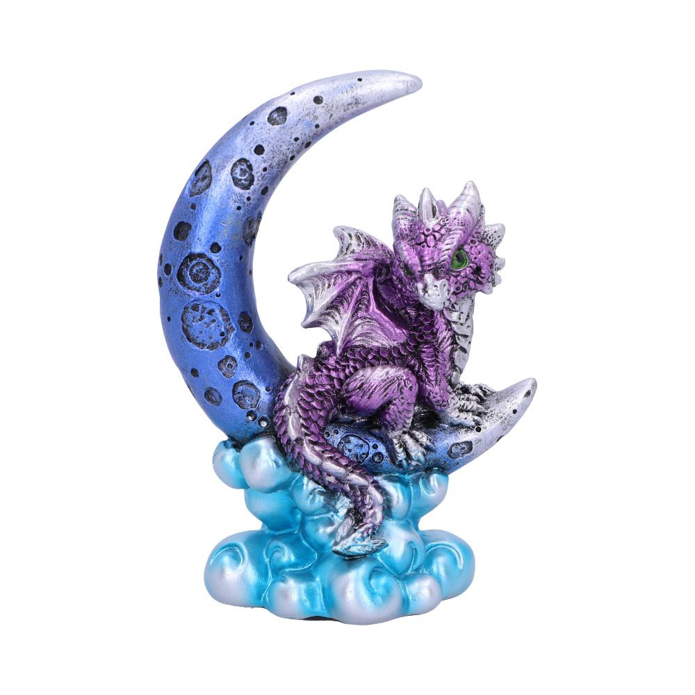 Our collection of Crescent Creatures have a personality as unique as the colour of their scales. This Purple Crescent Creature is perched on a midnight blue crescent moon. Beneath it is a small pageant of bubble-like turquoise blue clouds. This spirited little Dragon has purple scales and golden accents on its horns, claws and chest. These Crescent Creatures would make a perfect addition to any Dragon enthusiasts collection.