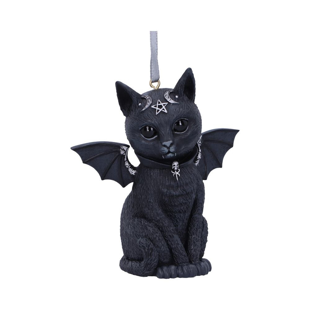 From the bewitching mind of Nemesis Now's in house design team comes the Malpuss, Bat Cat, hanging decoration. This cat is the union of good and evil. The black cat, sits and stares at you adoringly. As you look into its black eyes you notice the darkness that resides. Inside of this cat appears to be a vampire spirit, encapsulated by bat wings protruding from the cat's back, and its abnormally large canine teeth. The cat is decorated in ornate silver detailing and satanic symbology. Cast in high-quality resin and carefully hand-painted this figurine is likely to be the cutest occultist you've ever seen. This amalgamation of horror and delight will make the perfect addition to any feline fanatic's collection.