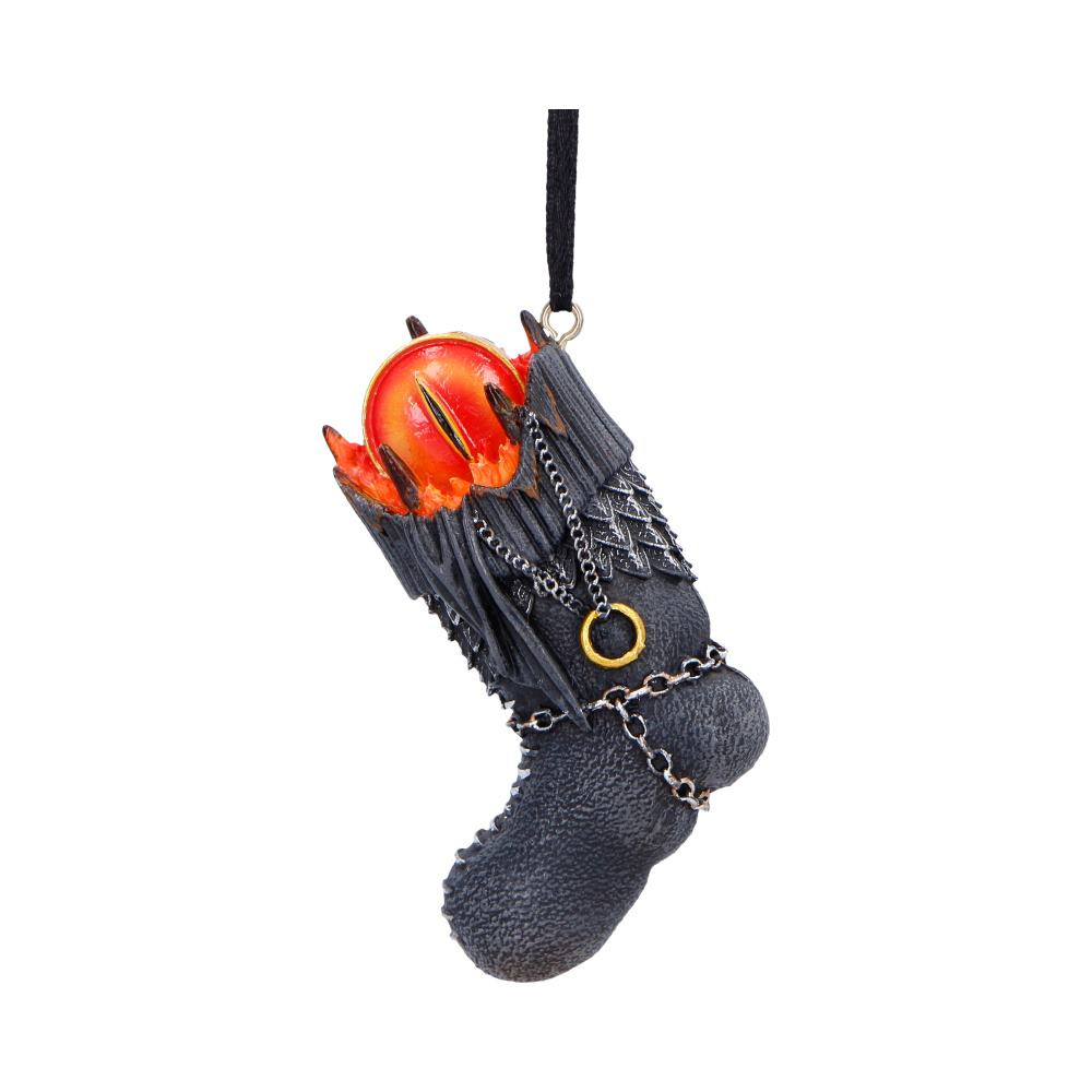 Bring a touch of Middle-earth to your festive decor with this officially licensed Lord of the Rings Sauron Stocking Hanging Ornament. Shaped like a small stocking and designed after the Dark Tower, it features the iconic eye of Sauron watching from the top. With intricate detailing, a hand-painted finish, and a gold hanging loop, it’s perfect for fans of Tolkien’s epic world. Packaged in a branded gift box, it’s ideal for gifting or adding a unique twist to your own holiday collection. A must-have ornament for any Lord of the Rings fan.