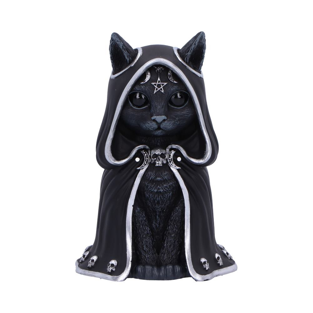Meet Zefur, the scarily adorable Collectible Cult Cuties™ figurine by Nemesis Now's in-house design team. This cute occult cat exudes mystery and magic, wrapped in a flowing black cloak adorned with silver skulls, with ears peeking out. Packaged securely in a red and black Cult Cuties™ branded gift box, Zefur is perfect for collectors and fans of gothic and witchy decor. As a member of Nemesis Now's best-selling own design collections, Zefur bewitches and beguiles all who encounter him.