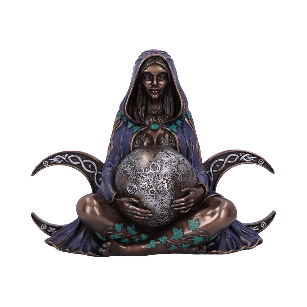 Seen wearing a purple hooded cloak, this goddess sits between two crescent moons. With a full moon placed upon her lap and thick foliage wrapped around her. This triple moon goddess statue has been cast in the finest resin before being delicately hand-painted and is the perfect addition to any alternative gift store or Wiccan collection.