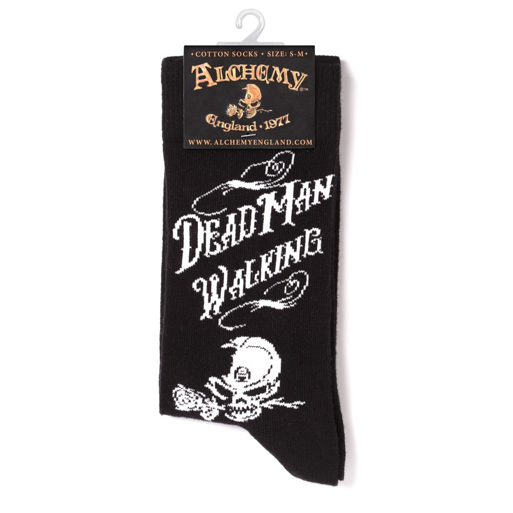 Fun but deadly socks 'Dead Man Walking' - We certainly hope that you are not a 'Deadman Walking', but maybe you know someone that is! Let them know with these cosy socks featuring the dark slogan and the iconic Alchemist skull!