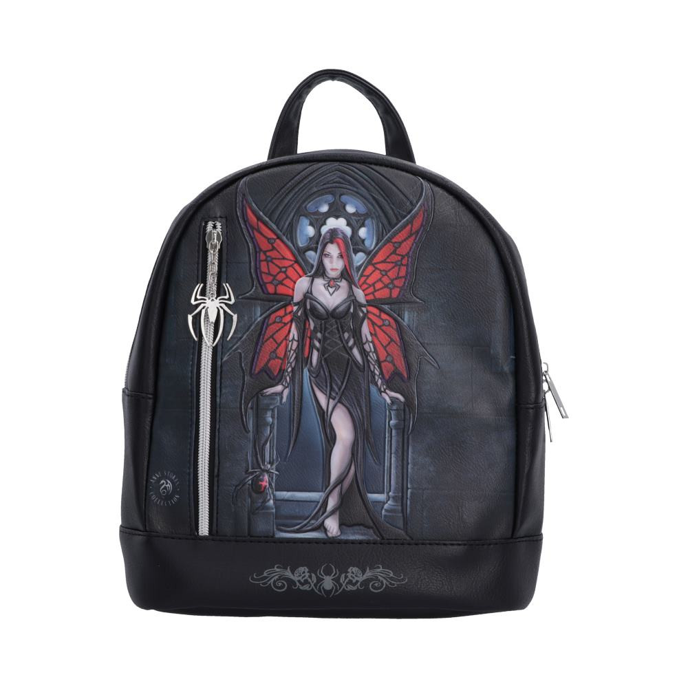 The Aracnafaria Backpack is a striking accessory featuring stunning artwork by renowned fantasy artist Anne Stokes, showcasing the mysterious Aracnafaria in a flowing black gown with dramatic red and black spider-like wings. Measuring 33.2cm tall, it features a sleek black colour scheme, adjustable shoulder straps for comfortable carrying, an additional zipped front compartment for everyday essentials, and a decorative spider-shaped zipper charm that complements its gothic design. Packaged within a protective polybag to help keep it display-worthy, this backpack is perfect for Anne Stokes collectors, gothic enthusiasts, fantasy art fans, and anyone who loves alternative fashion. Combining eye-catching artwork with practical functionality, it's an ideal way to bring dark fantasy style to your daily adventures.