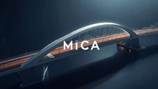A visual metaphor of a bridge connecting old crypto startups to regulated financial institutions, digital assets flowing across, European flag subtly integrated, clean corporate style, fintech compliance branding, realistic cinematic lighting, MICA text